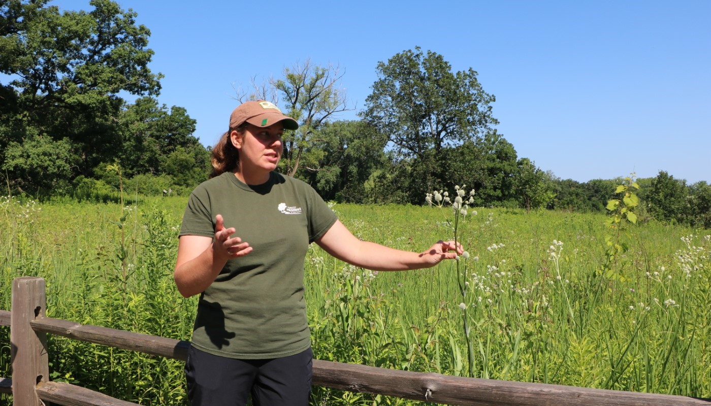 Staff presenting amongst a forested backdrop.